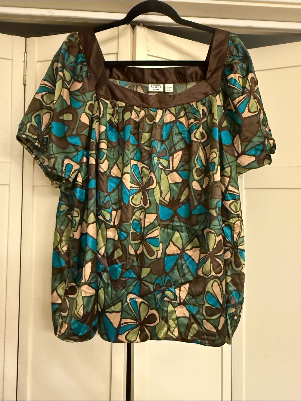 Cato Brown Teal Floral Square-Neck Puff Sleeve Blouse